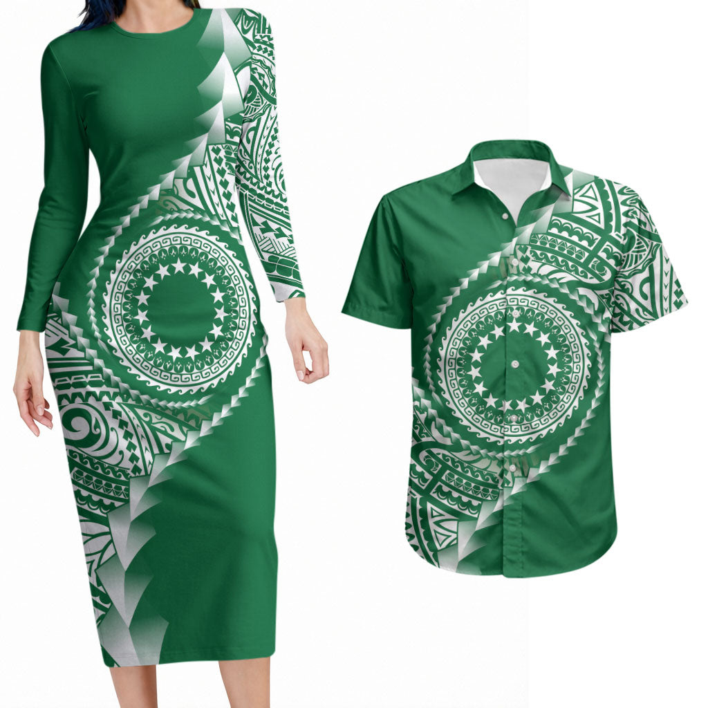 Cook Islands Gospel Day Couples Matching Long Sleeve Bodycon Dress and Hawaiian Shirt Green Tribal Curves