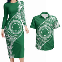 Cook Islands Gospel Day Couples Matching Long Sleeve Bodycon Dress and Hawaiian Shirt Green Tribal Curves