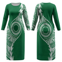 Cook Islands Gospel Day Couples Matching Long Sleeve Bodycon Dress and Hawaiian Shirt Green Tribal Curves