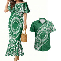 Cook Islands Gospel Day Couples Matching Mermaid Dress and Hawaiian Shirt Green Tribal Curves