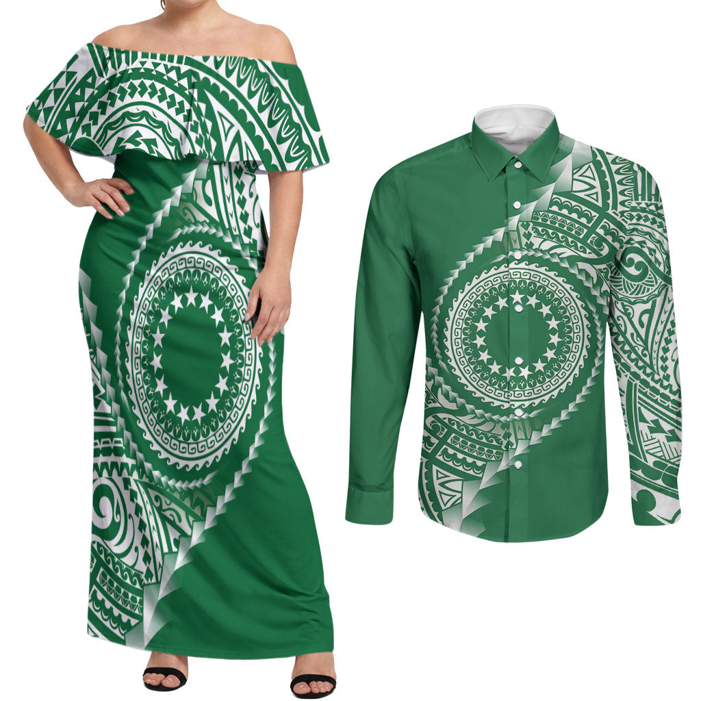 Cook Islands Gospel Day Couples Matching Off Shoulder Maxi Dress and Long Sleeve Button Shirt Green Tribal Curves