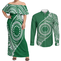 Cook Islands Gospel Day Couples Matching Off Shoulder Maxi Dress and Long Sleeve Button Shirt Green Tribal Curves