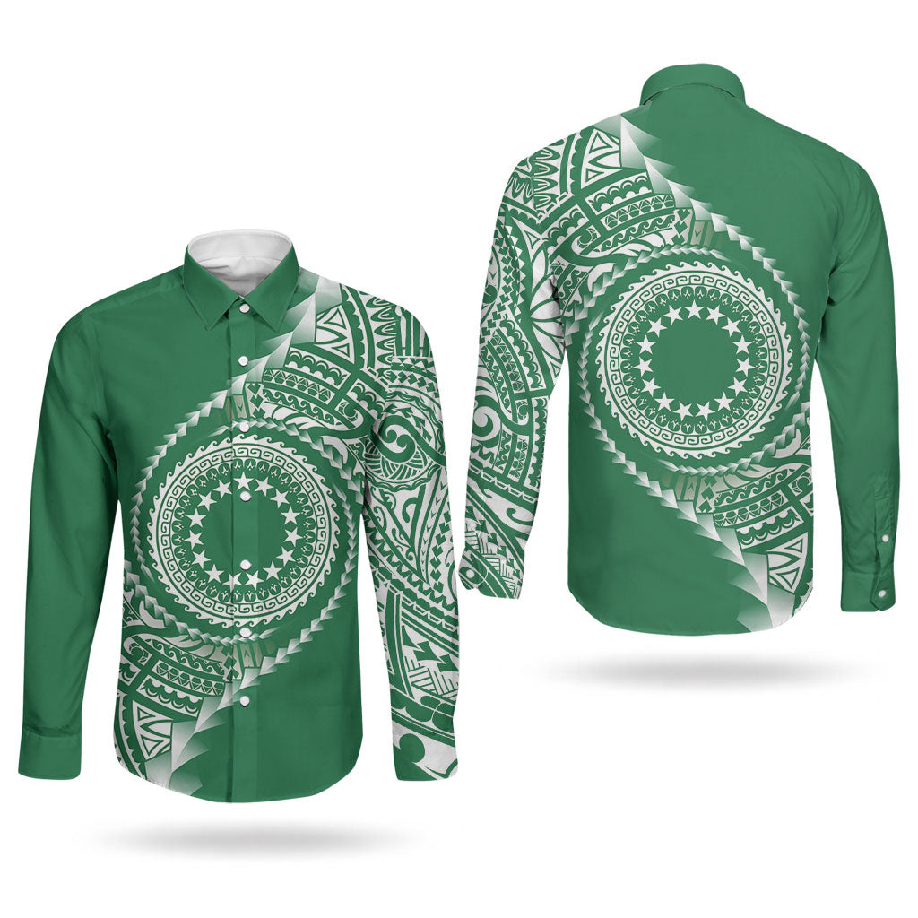 Cook Islands Gospel Day Couples Matching Off Shoulder Maxi Dress and Long Sleeve Button Shirt Green Tribal Curves