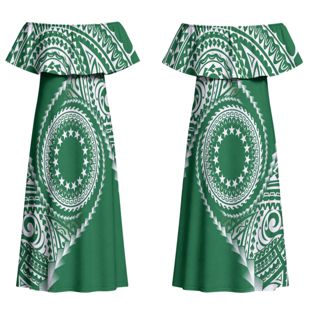 Cook Islands Gospel Day Couples Matching Off Shoulder Maxi Dress and Long Sleeve Button Shirt Green Tribal Curves