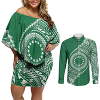 Cook Islands Gospel Day Couples Matching Off Shoulder Short Dress and Long Sleeve Button Shirt Green Tribal Curves