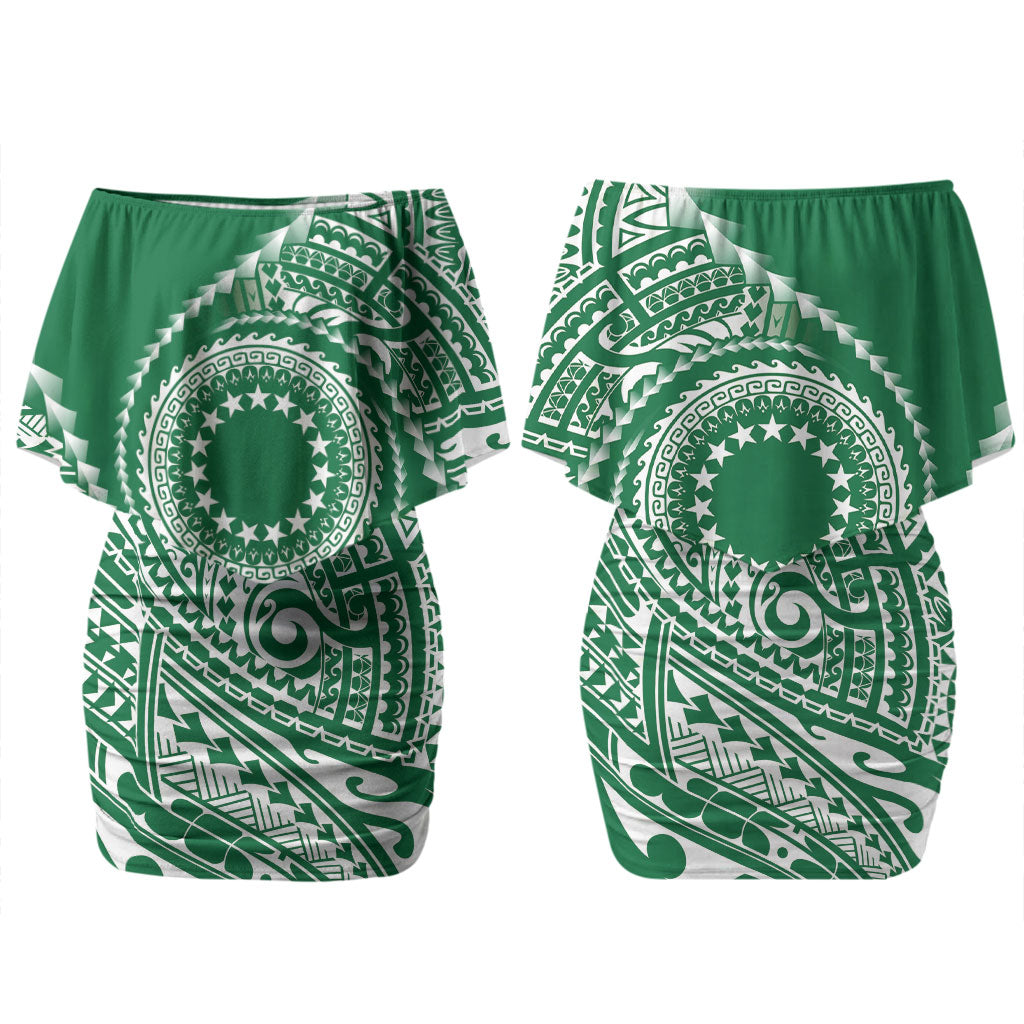 Cook Islands Gospel Day Couples Matching Off Shoulder Short Dress and Long Sleeve Button Shirt Green Tribal Curves