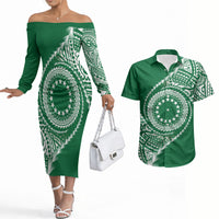 Cook Islands Gospel Day Couples Matching Off The Shoulder Long Sleeve Dress and Hawaiian Shirt Green Tribal Curves