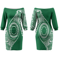Cook Islands Gospel Day Couples Matching Off The Shoulder Long Sleeve Dress and Hawaiian Shirt Green Tribal Curves