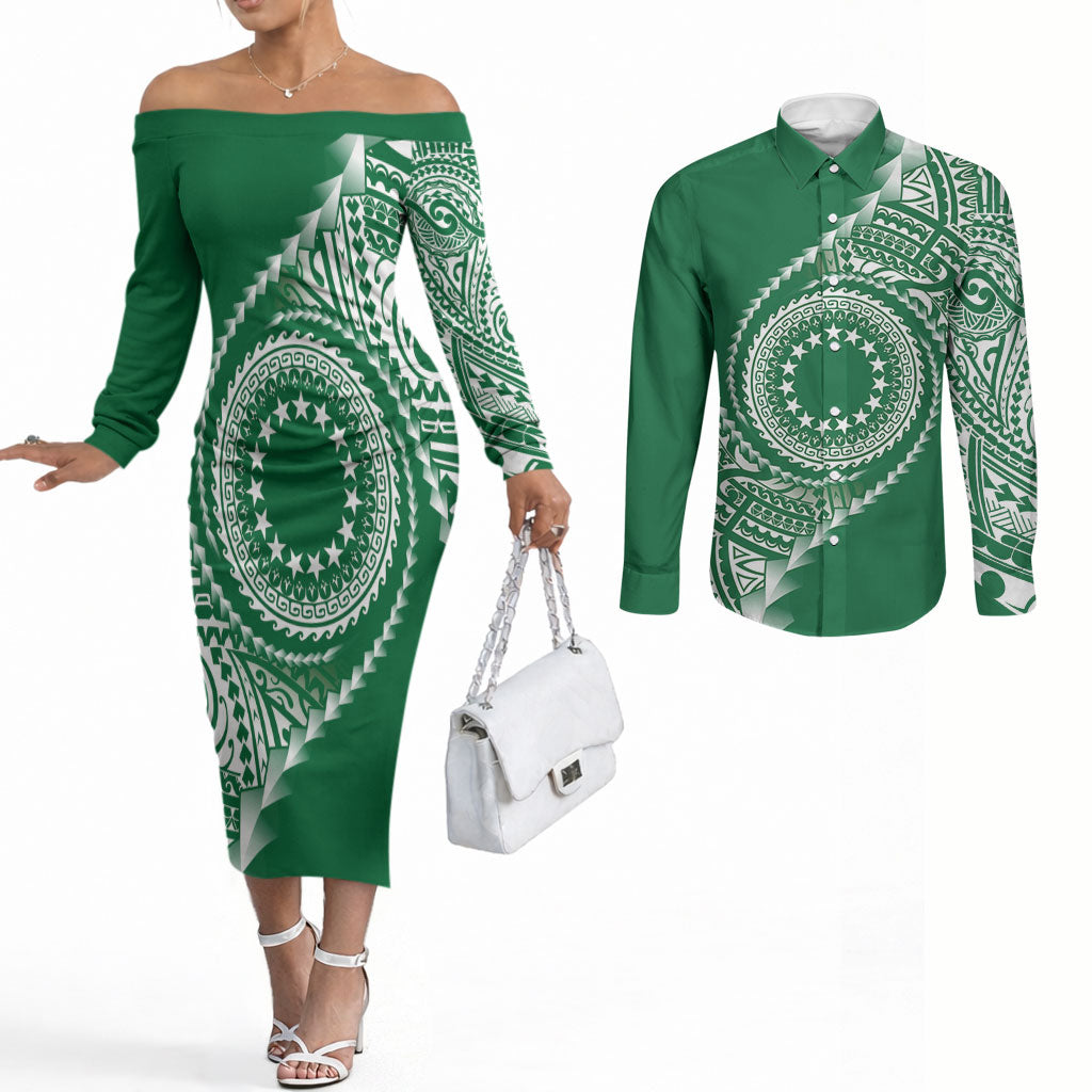 Cook Islands Gospel Day Couples Matching Off The Shoulder Long Sleeve Dress and Long Sleeve Button Shirt Green Tribal Curves