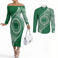 Cook Islands Gospel Day Couples Matching Off The Shoulder Long Sleeve Dress and Long Sleeve Button Shirt Green Tribal Curves