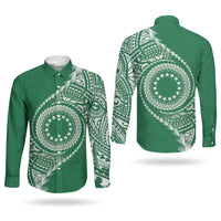 Cook Islands Gospel Day Couples Matching Off The Shoulder Long Sleeve Dress and Long Sleeve Button Shirt Green Tribal Curves