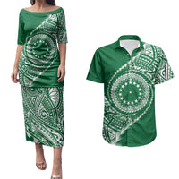 Cook Islands Gospel Day Couples Matching Puletasi and Hawaiian Shirt Green Tribal Curves