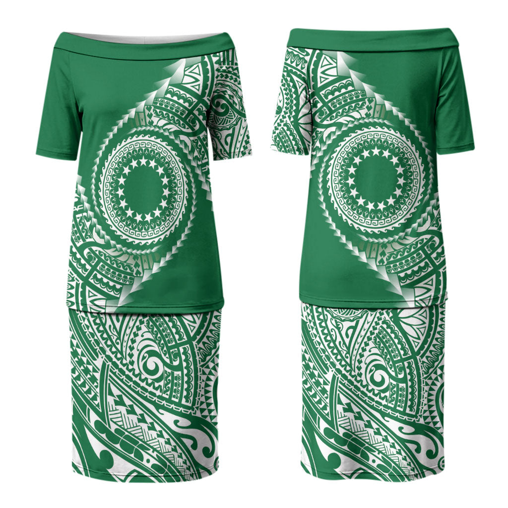 Cook Islands Gospel Day Couples Matching Puletasi and Hawaiian Shirt Green Tribal Curves
