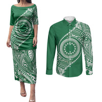 Cook Islands Gospel Day Couples Matching Puletasi and Long Sleeve Button Shirt Green Tribal Curves