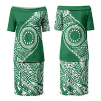 Cook Islands Gospel Day Couples Matching Puletasi and Long Sleeve Button Shirt Green Tribal Curves