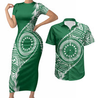 Cook Islands Gospel Day Couples Matching Short Sleeve Bodycon Dress and Hawaiian Shirt Green Tribal Curves