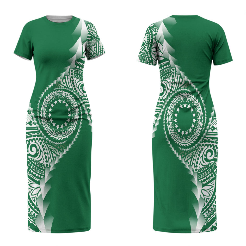 Cook Islands Gospel Day Couples Matching Short Sleeve Bodycon Dress and Hawaiian Shirt Green Tribal Curves