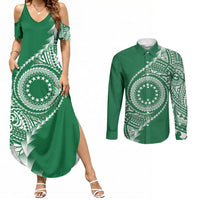 Cook Islands Gospel Day Couples Matching Summer Maxi Dress and Long Sleeve Button Shirt Green Tribal Curves