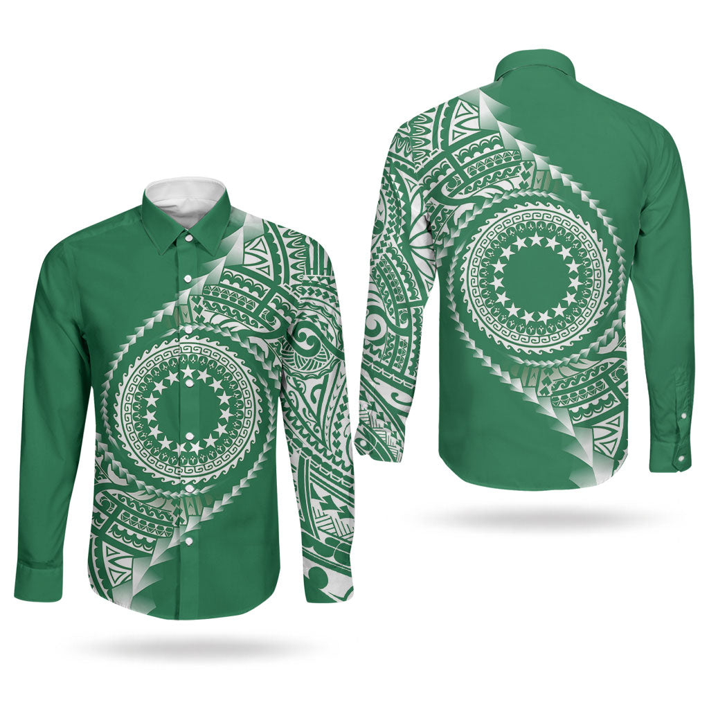 Cook Islands Gospel Day Couples Matching Summer Maxi Dress and Long Sleeve Button Shirt Green Tribal Curves