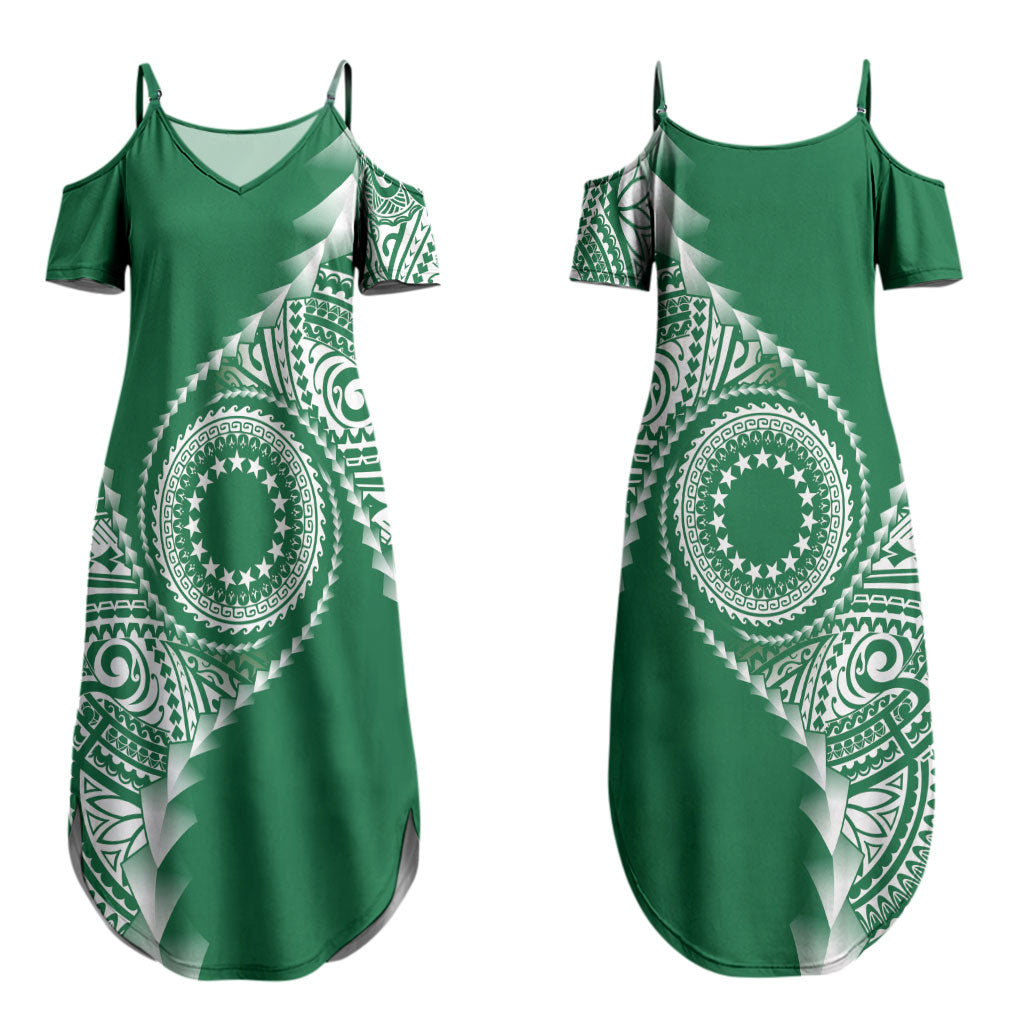 Cook Islands Gospel Day Couples Matching Summer Maxi Dress and Long Sleeve Button Shirt Green Tribal Curves