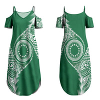 Cook Islands Gospel Day Couples Matching Summer Maxi Dress and Long Sleeve Button Shirt Green Tribal Curves