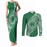 Cook Islands Gospel Day Couples Matching Tank Maxi Dress and Long Sleeve Button Shirt Green Tribal Curves