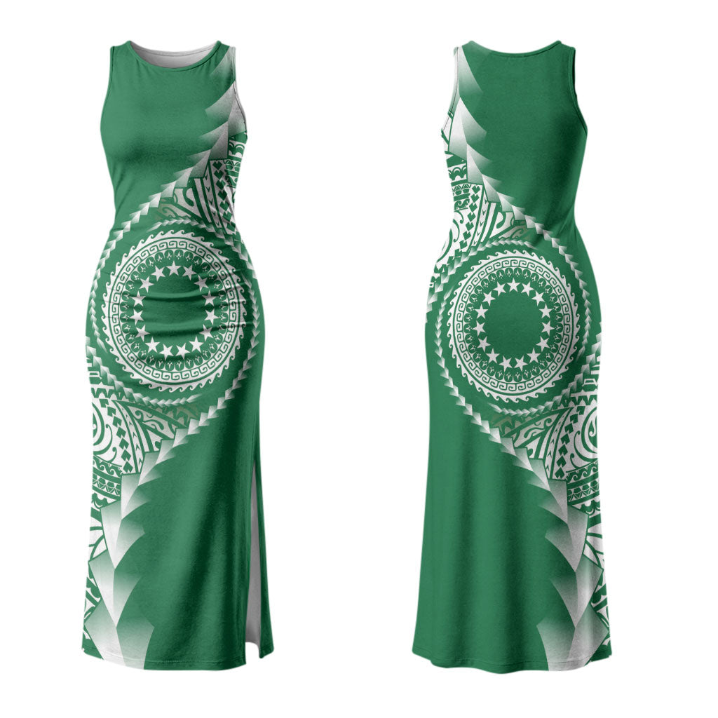 Cook Islands Gospel Day Couples Matching Tank Maxi Dress and Long Sleeve Button Shirt Green Tribal Curves