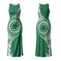Cook Islands Gospel Day Couples Matching Tank Maxi Dress and Long Sleeve Button Shirt Green Tribal Curves
