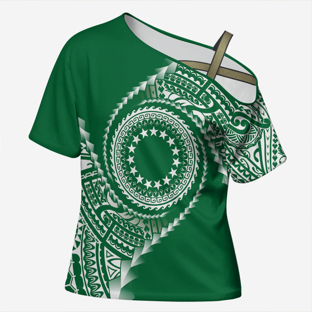 Cook Islands Gospel Day Cross Shoulder Shirt Green Tribal Curves