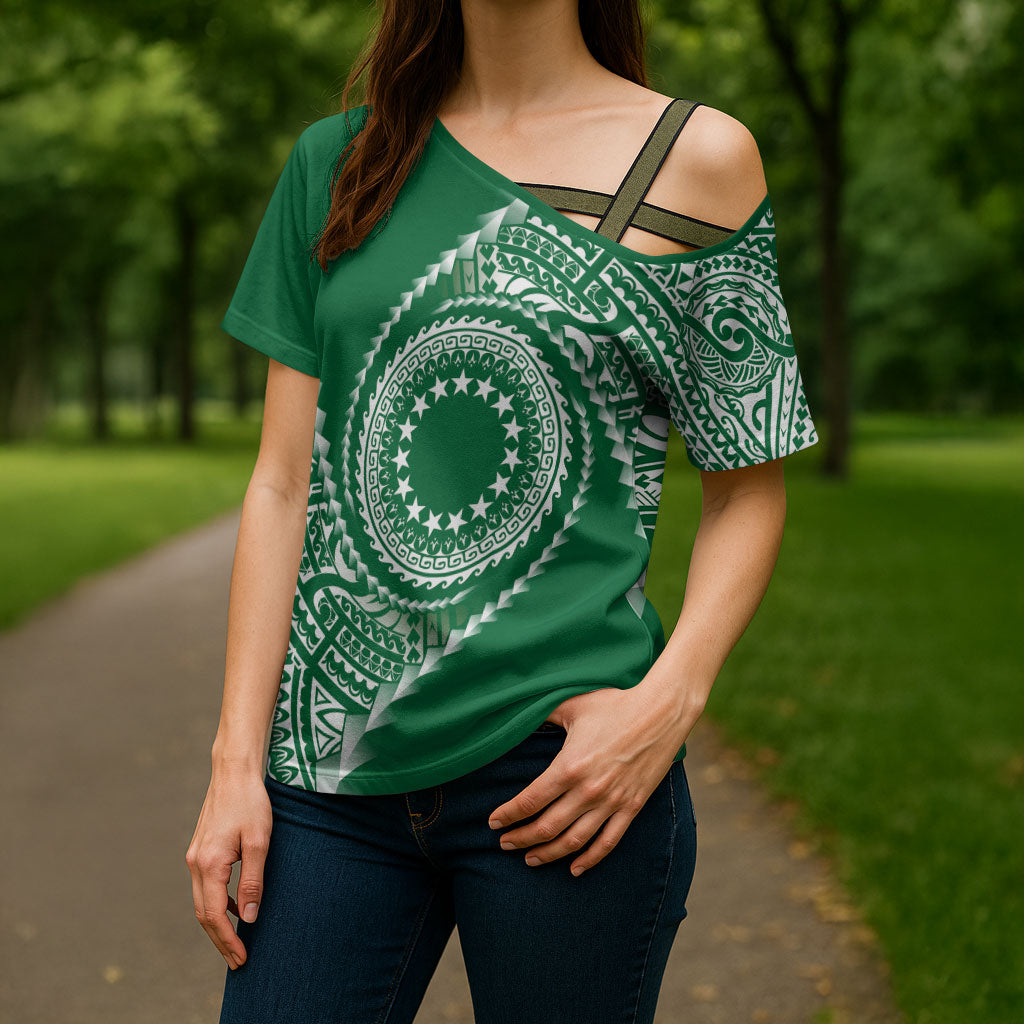 Cook Islands Gospel Day Cross Shoulder Shirt Green Tribal Curves
