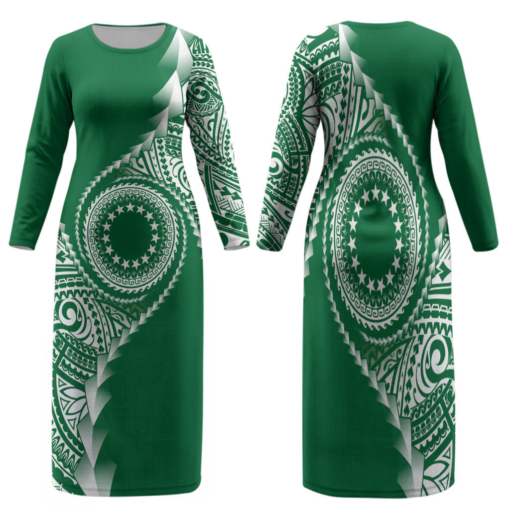 Cook Islands Gospel Day Family Matching Long Sleeve Bodycon Dress and Hawaiian Shirt Green Tribal Curves