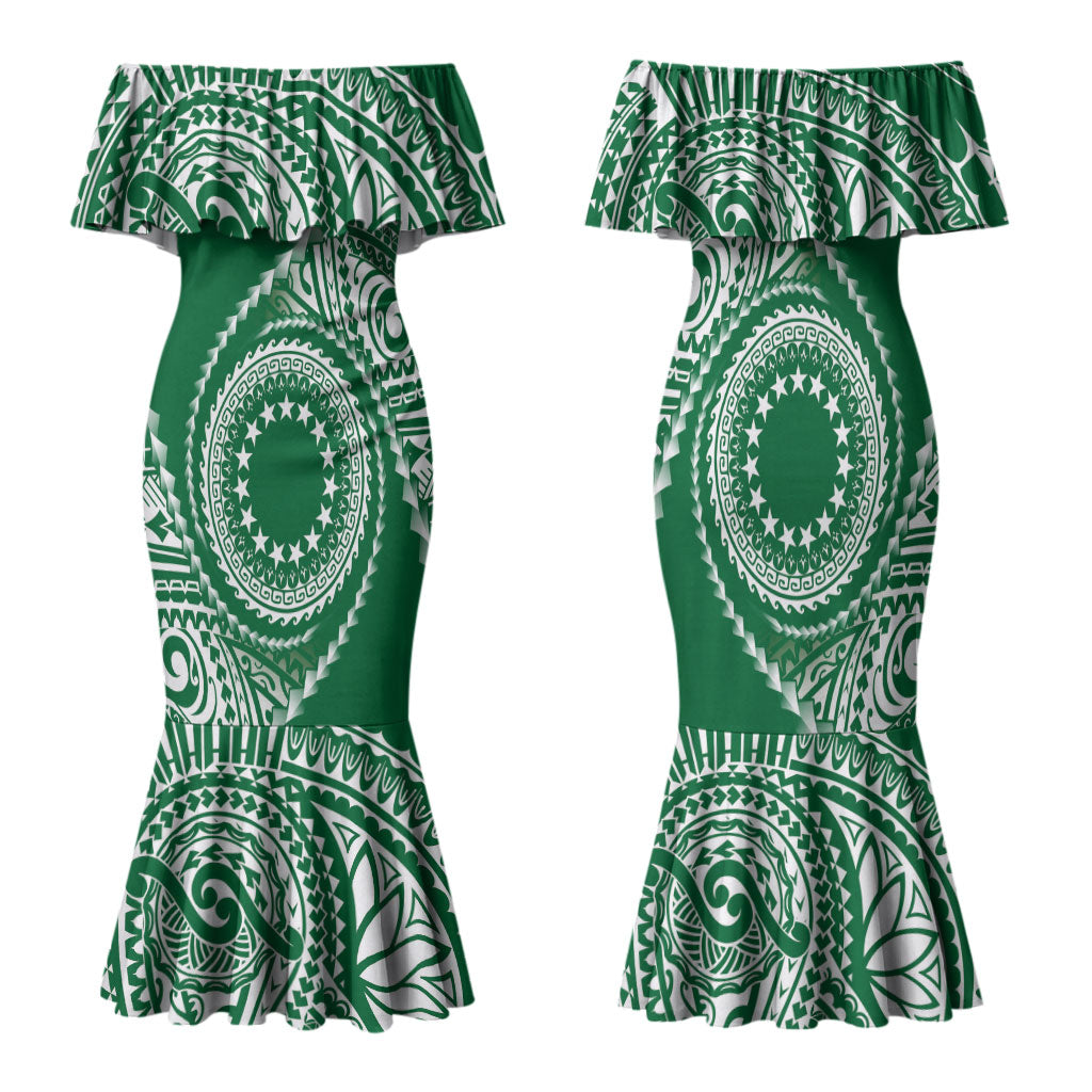 Cook Islands Gospel Day Family Matching Mermaid Dress and Hawaiian Shirt Green Tribal Curves