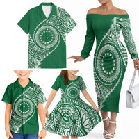 Cook Islands Gospel Day Family Matching Off The Shoulder Long Sleeve Dress and Hawaiian Shirt Green Tribal Curves