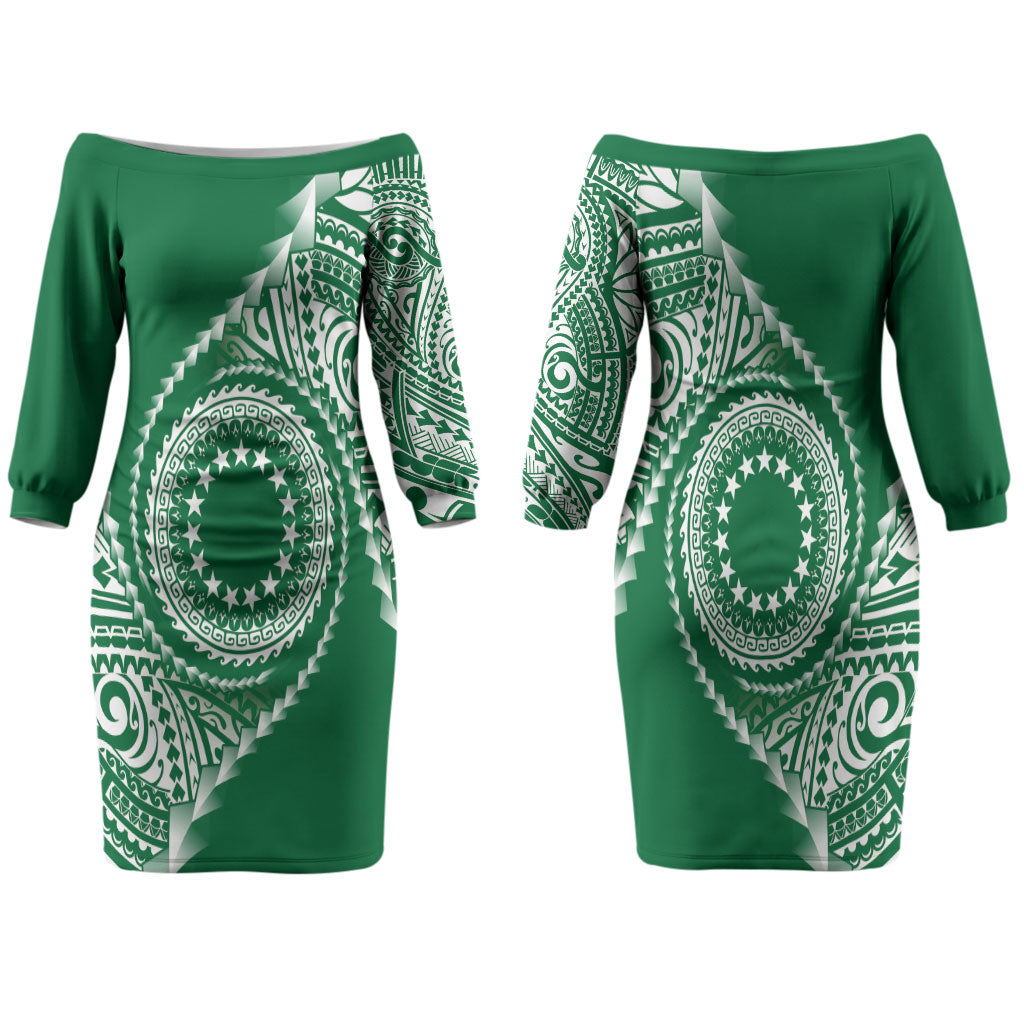 Cook Islands Gospel Day Family Matching Off The Shoulder Long Sleeve Dress and Hawaiian Shirt Green Tribal Curves