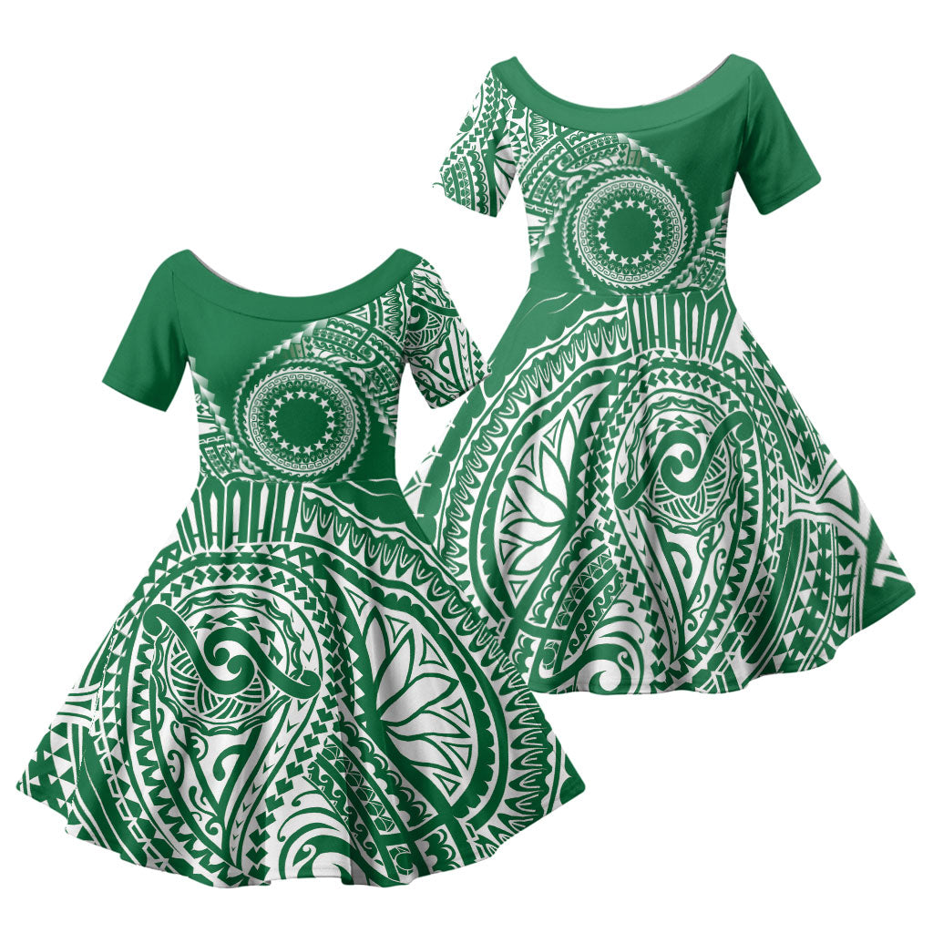 Cook Islands Gospel Day Family Matching Off The Shoulder Long Sleeve Dress and Hawaiian Shirt Green Tribal Curves