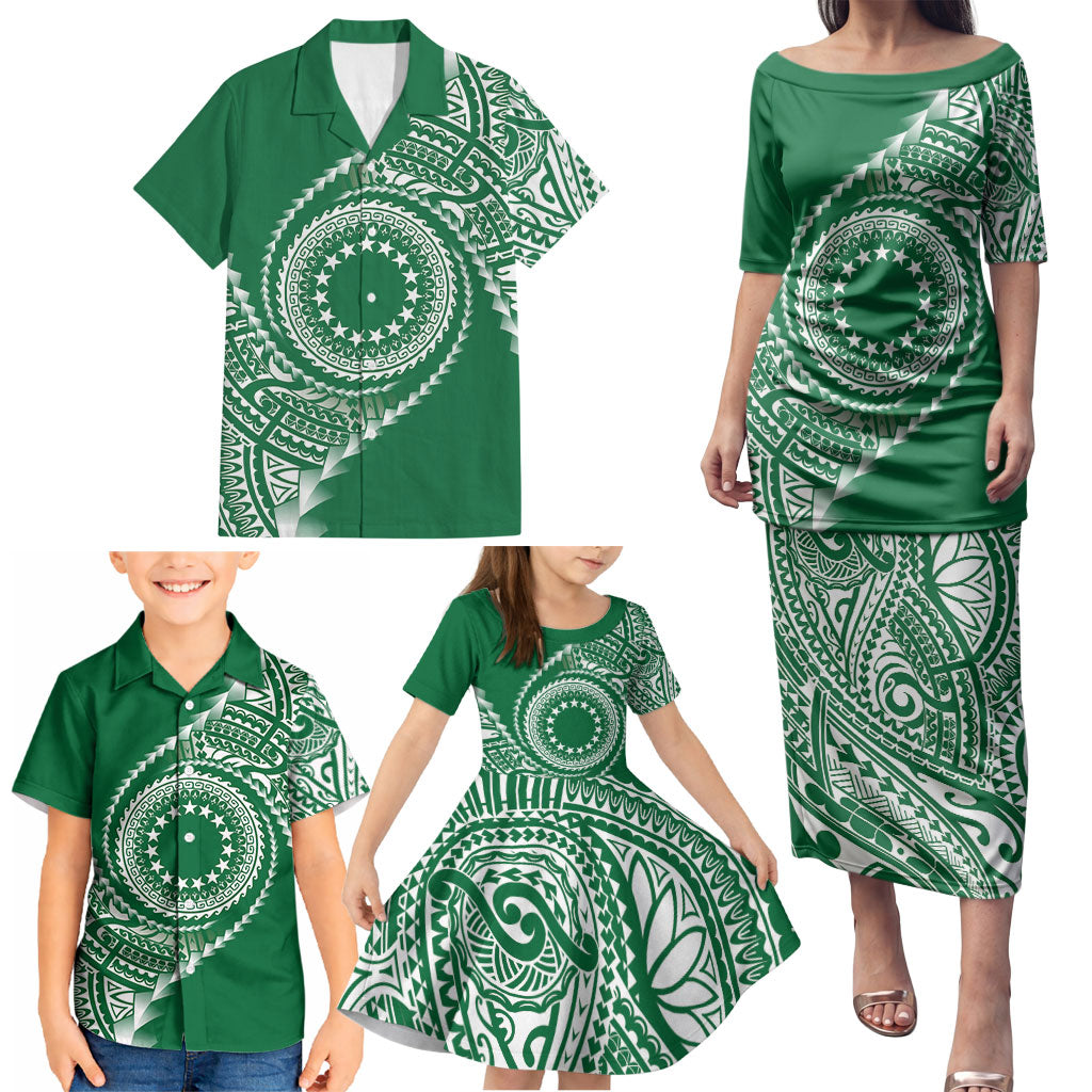 Cook Islands Gospel Day Family Matching Puletasi and Hawaiian Shirt Green Tribal Curves