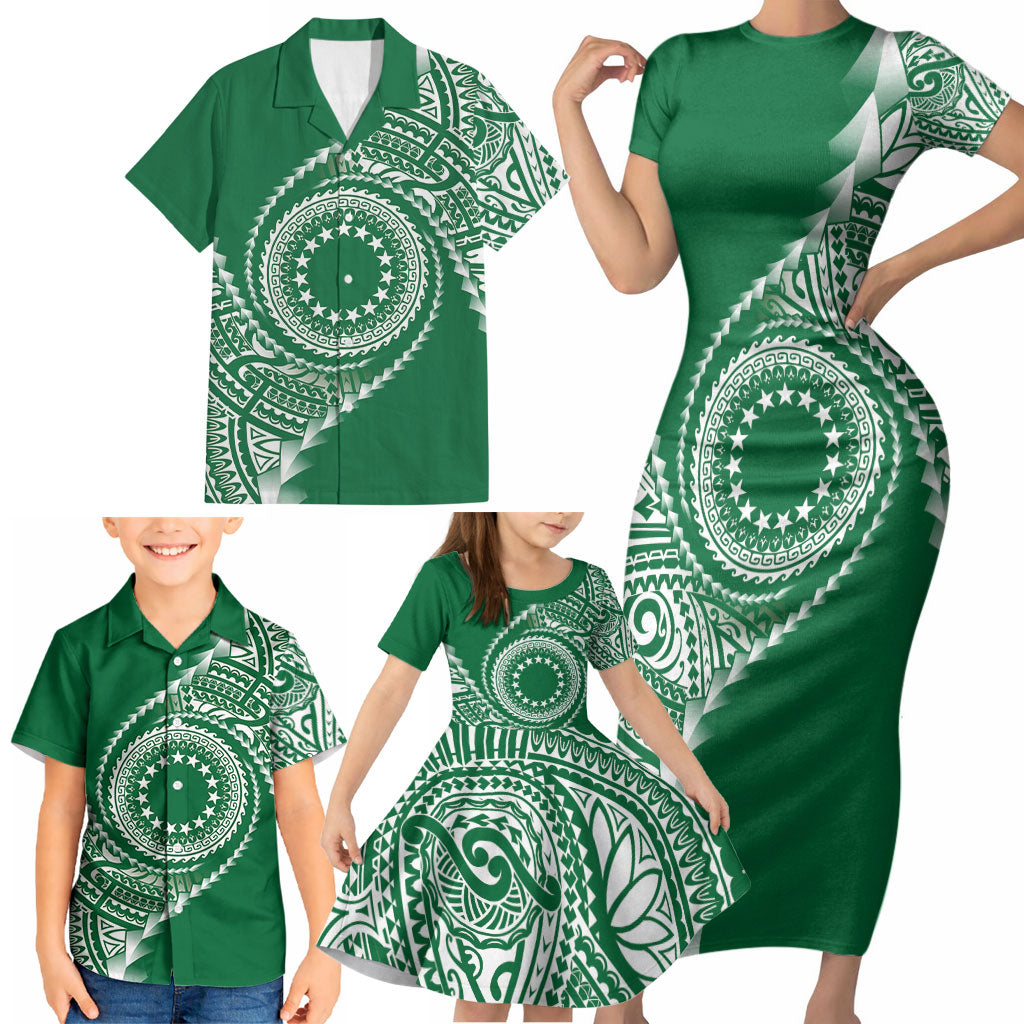 Cook Islands Gospel Day Family Matching Short Sleeve Bodycon Dress and Hawaiian Shirt Green Tribal Curves
