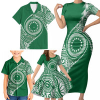 Cook Islands Gospel Day Family Matching Short Sleeve Bodycon Dress and Hawaiian Shirt Green Tribal Curves