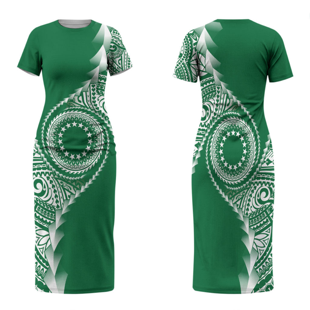 Cook Islands Gospel Day Family Matching Short Sleeve Bodycon Dress and Hawaiian Shirt Green Tribal Curves