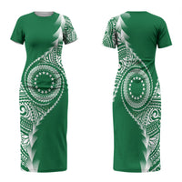 Cook Islands Gospel Day Family Matching Short Sleeve Bodycon Dress and Hawaiian Shirt Green Tribal Curves