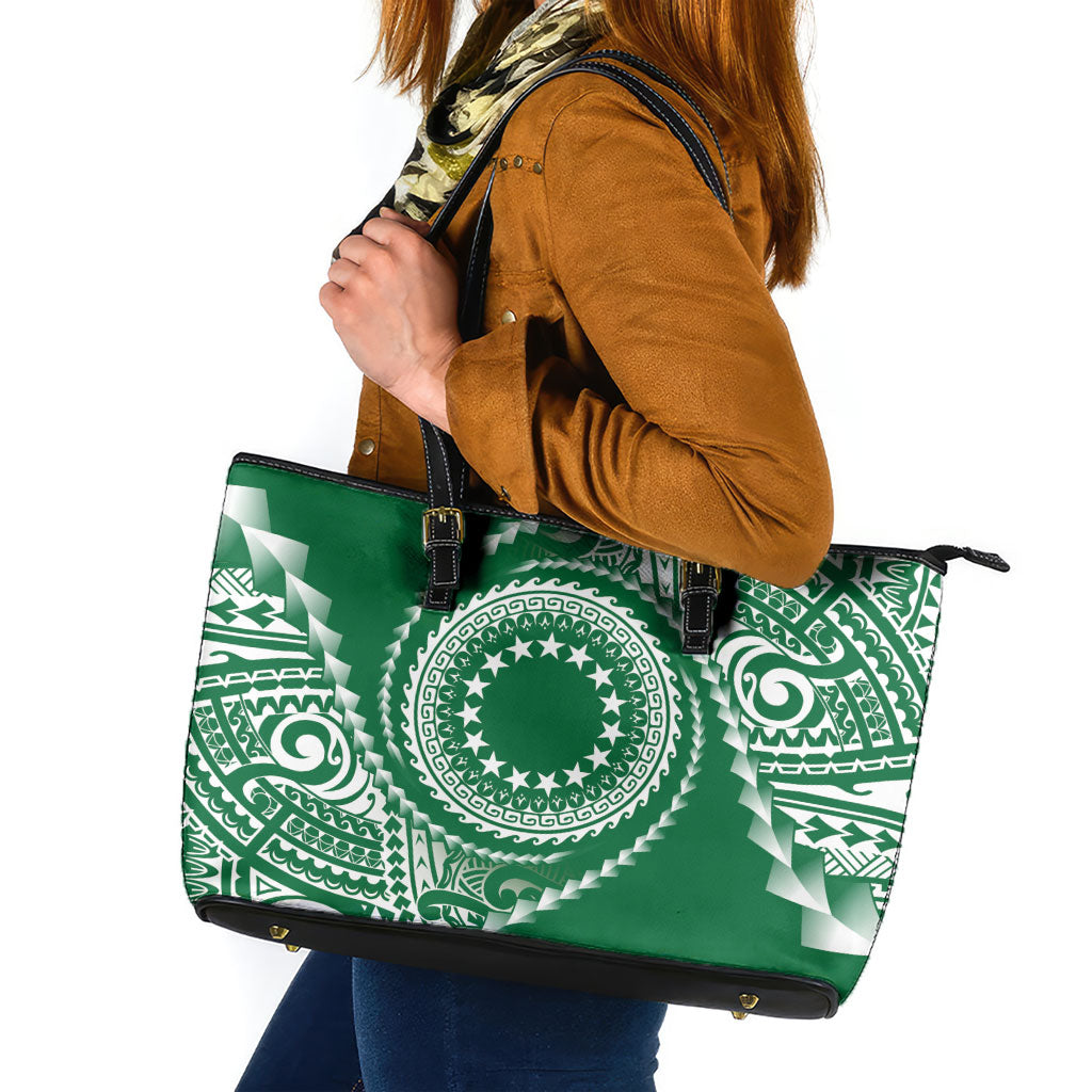 Cook Islands Gospel Day Leather Tote Bag Green Tribal Curves LT05 Green - Polynesian Pride