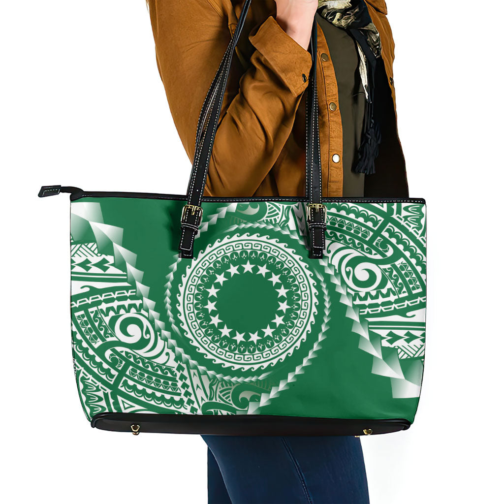 Cook Islands Gospel Day Leather Tote Bag Green Tribal Curves