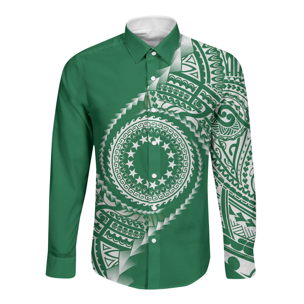 Cook Islands Gospel Day Long Sleeve Button Shirt Green Tribal Curves LT05 Unisex Green - Polynesian Pride