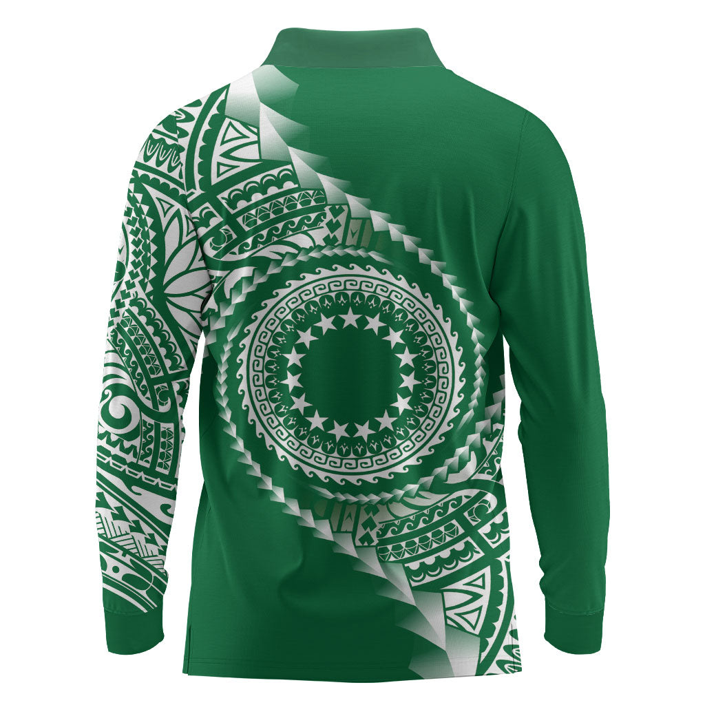 Cook Islands Gospel Day Long Sleeve Polo Shirt Green Tribal Curves