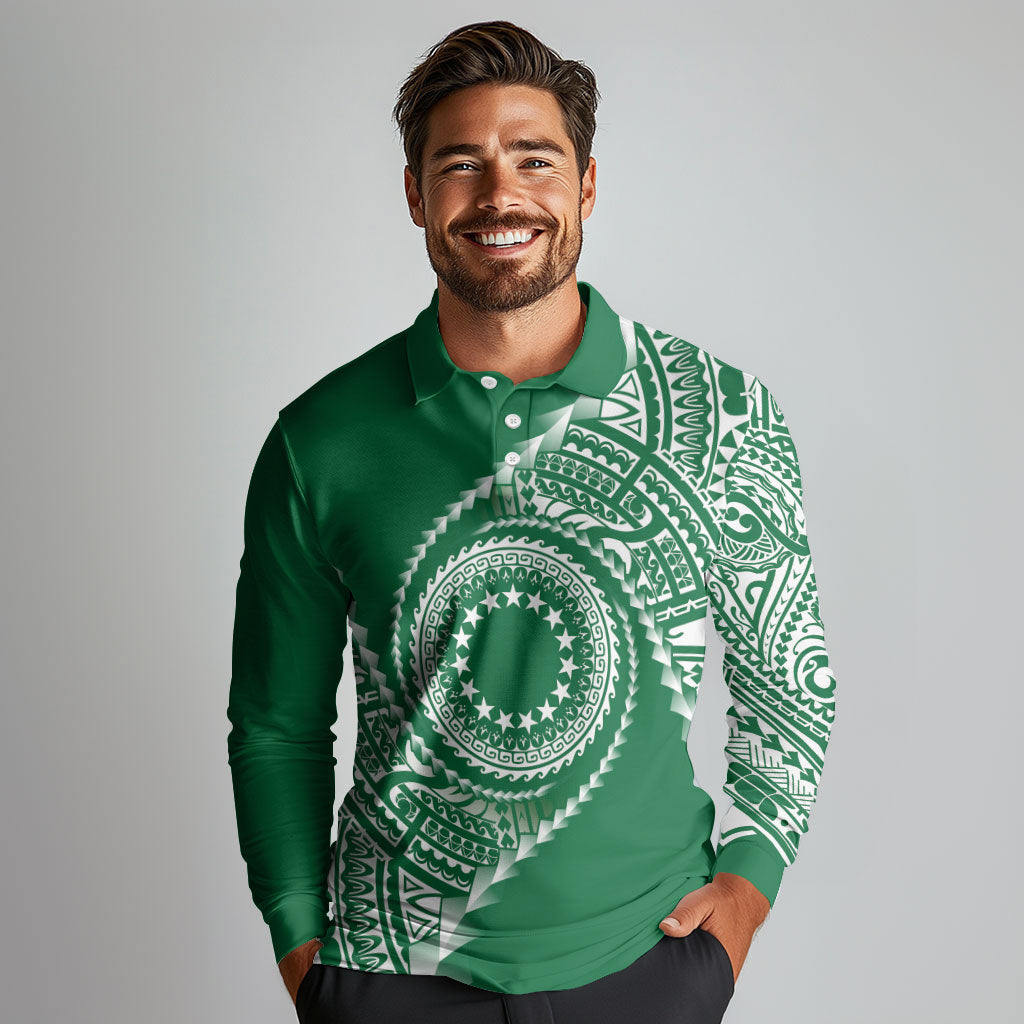 Cook Islands Gospel Day Long Sleeve Polo Shirt Green Tribal Curves