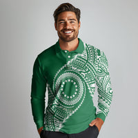 Cook Islands Gospel Day Long Sleeve Polo Shirt Green Tribal Curves