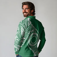 Cook Islands Gospel Day Long Sleeve Polo Shirt Green Tribal Curves