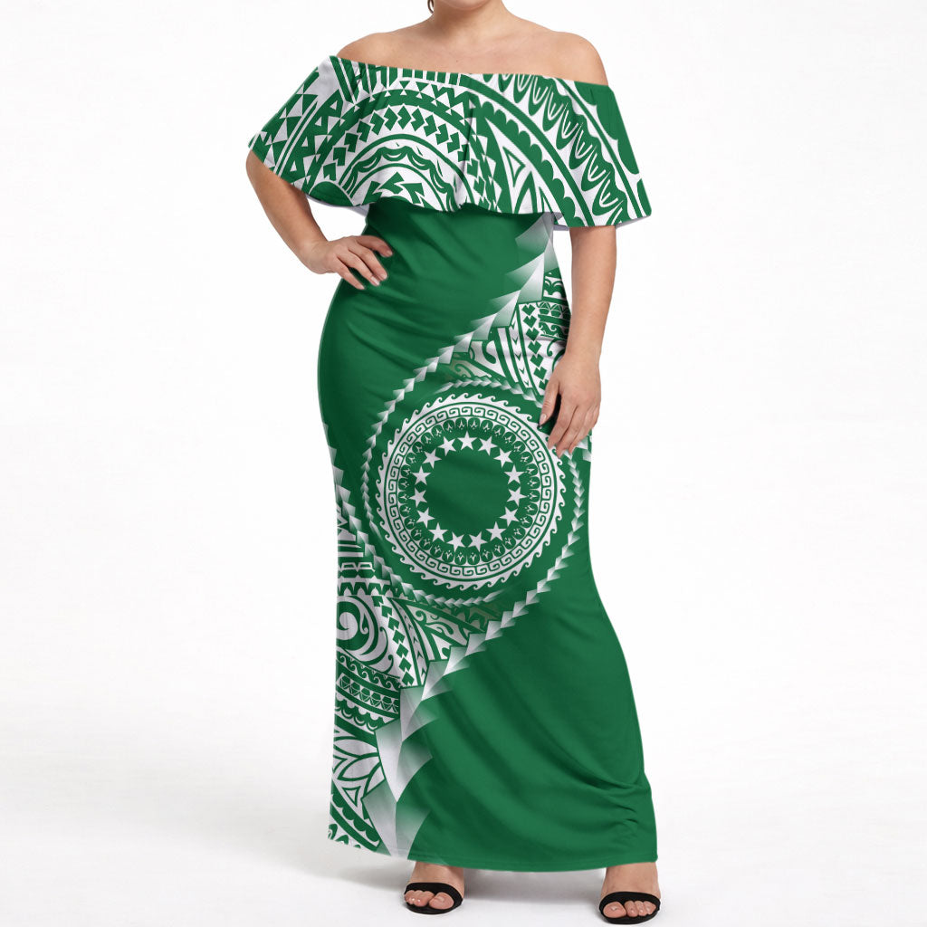 Cook Islands Gospel Day Off Shoulder Maxi Dress Green Tribal Curves
