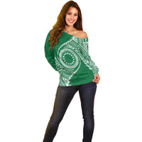 Cook Islands Gospel Day Off Shoulder Sweater Green Tribal Curves