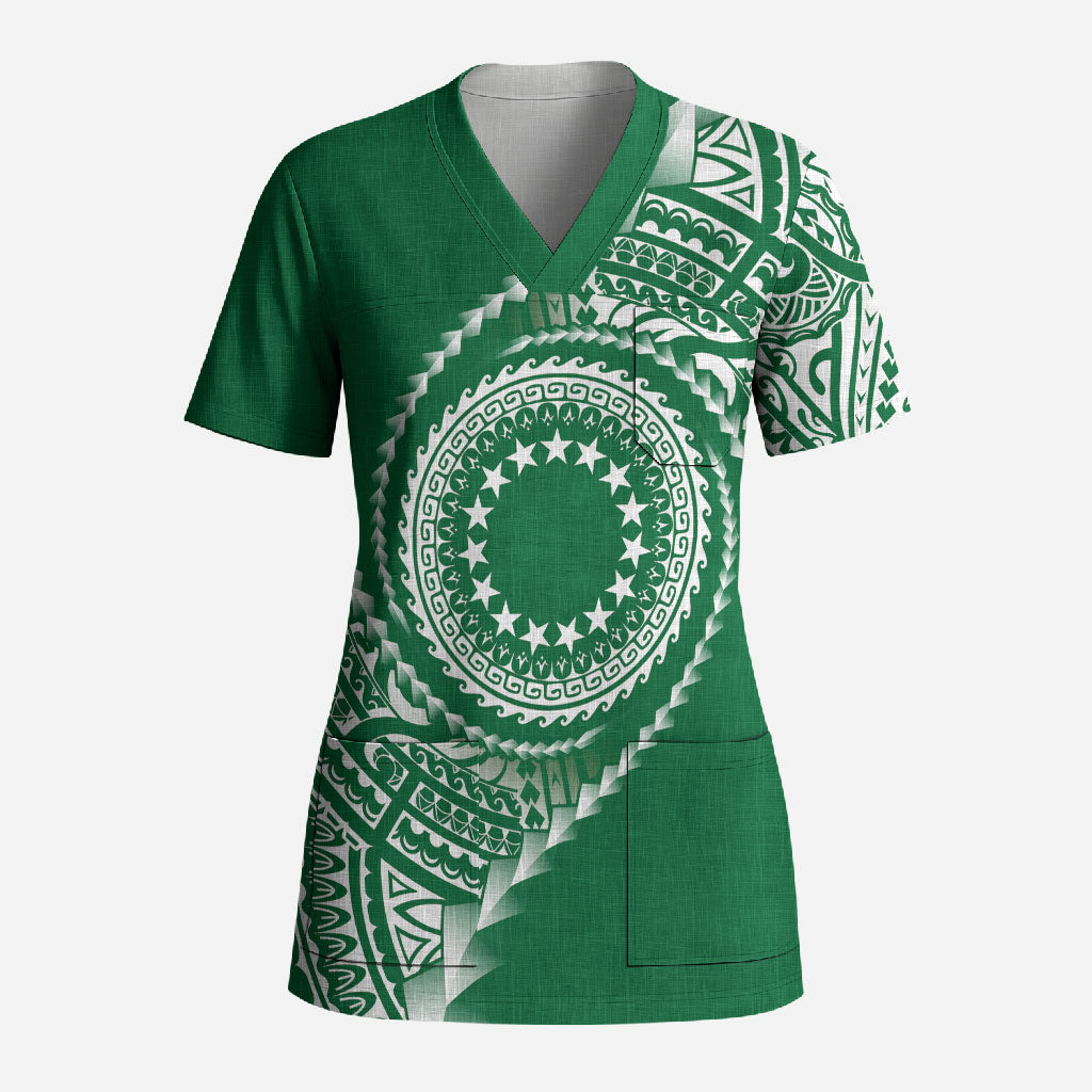 Cook Islands Gospel Day Scrub Top Green Tribal Curves